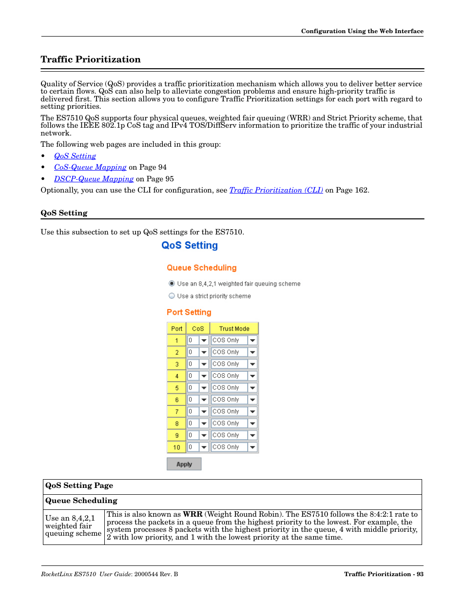 Traffic prioritization, Qos setting | Comtrol ES7510 User Manual | Page 93 / 202