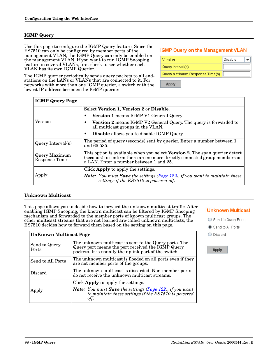 Igmp query, Unknown multicast, Igmp query unknown multicast | Comtrol ES7510 User Manual | Page 98 / 202