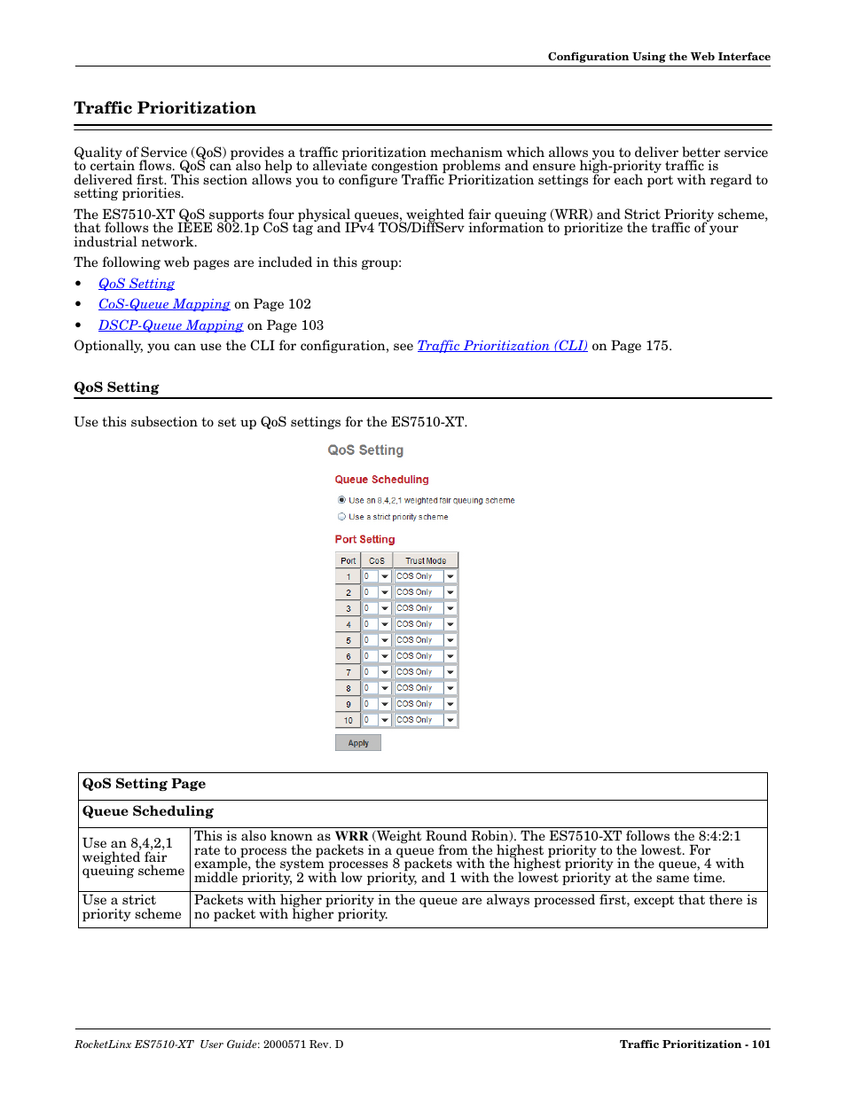Traffic prioritization, Qos setting | Comtrol ES7510-XT User Manual | Page 101 / 215