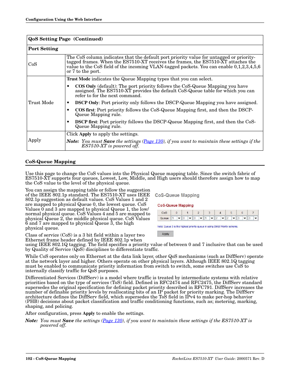 Cos-queue mapping | Comtrol ES7510-XT User Manual | Page 102 / 215