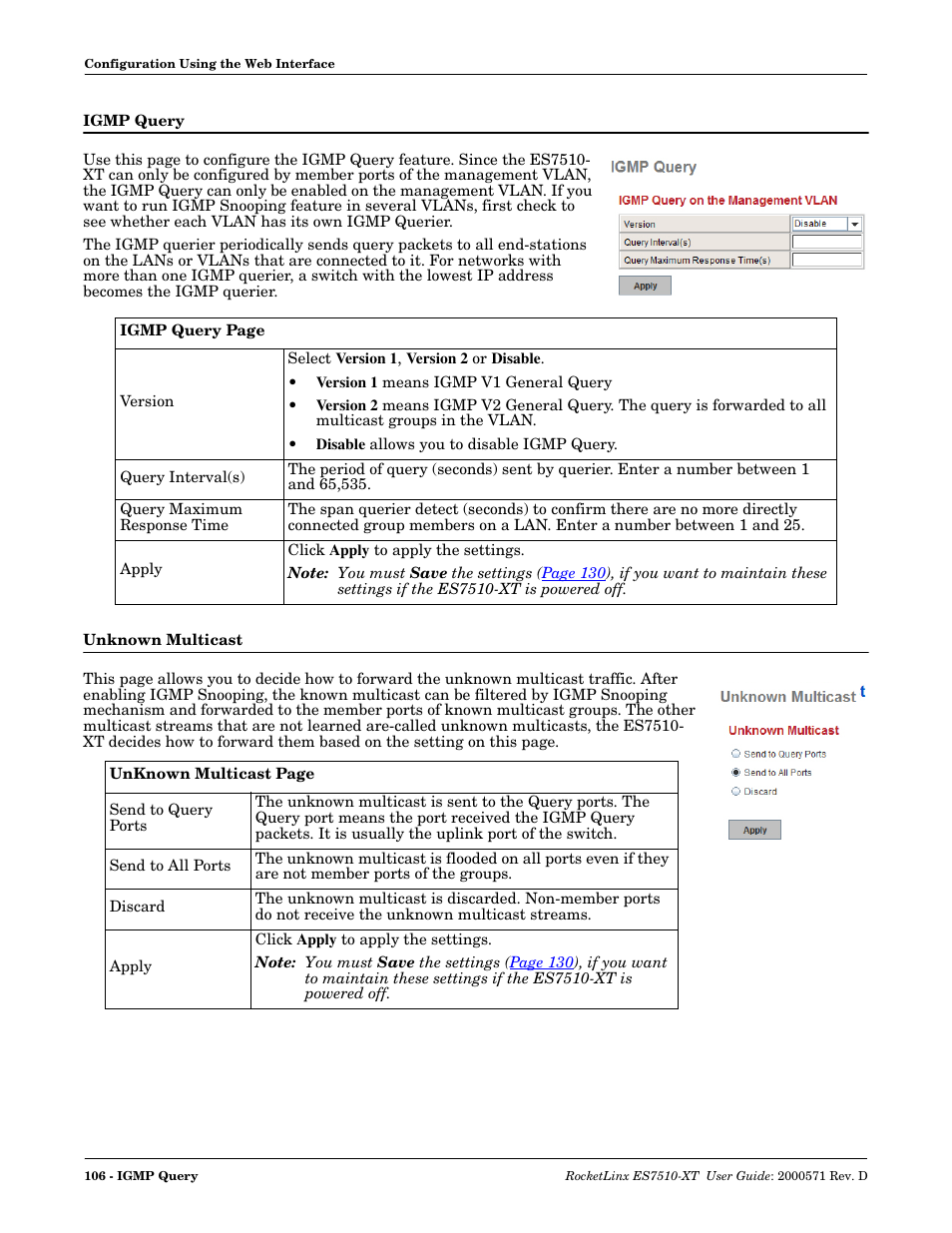 Igmp query, Unknown multicast, Igmp query unknown multicast | Comtrol ES7510-XT User Manual | Page 106 / 215