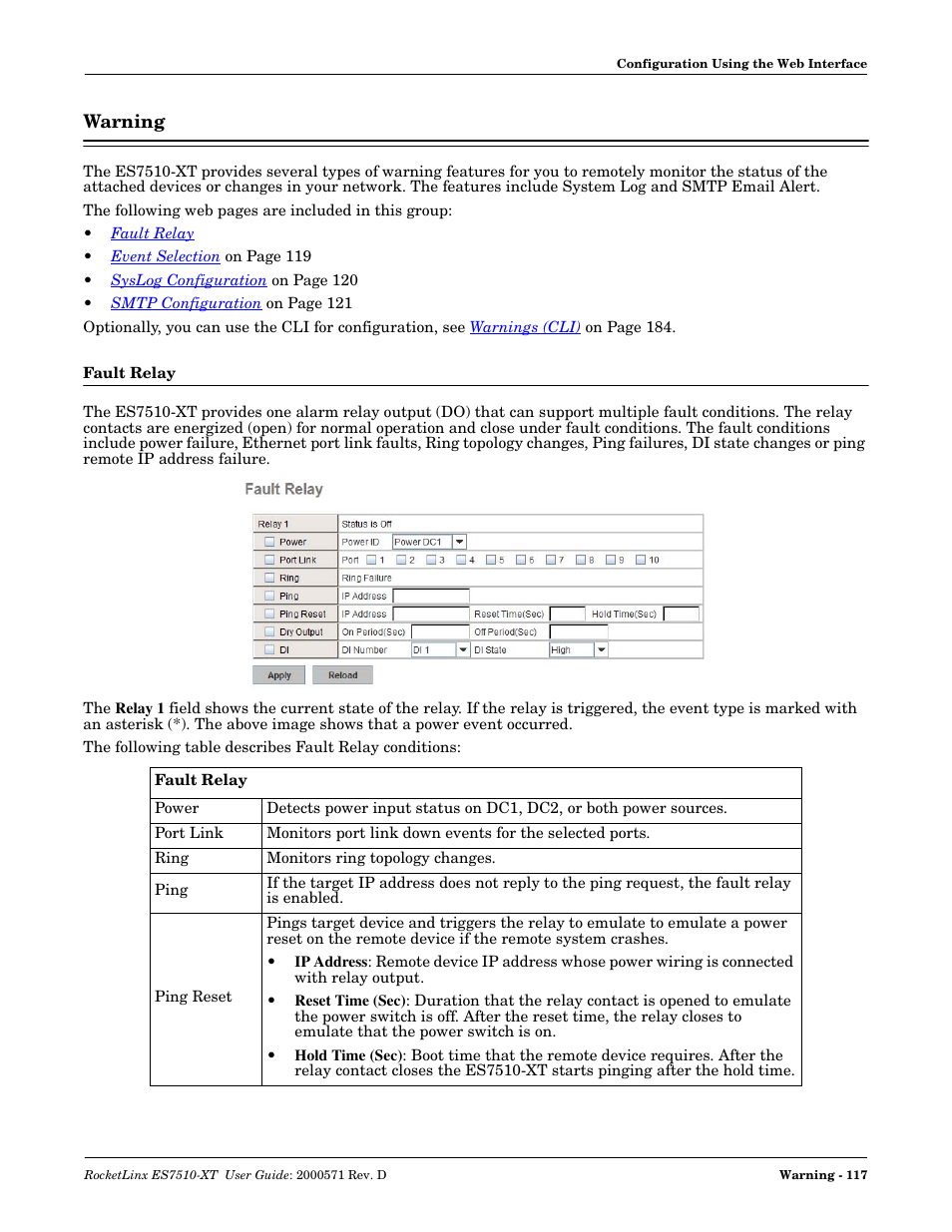Warning, Fault relay, Discussion on | Rfaces | Comtrol ES7510-XT User Manual | Page 117 / 215