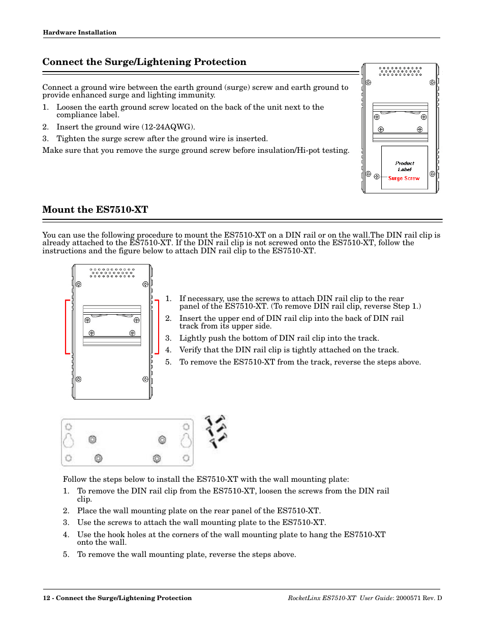 Connect the surge/lightening protection, Mount the es7510-xt | Comtrol ES7510-XT User Manual | Page 12 / 215