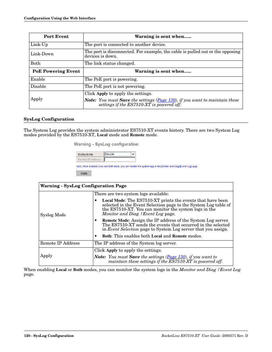 Syslog configuration | Comtrol ES7510-XT User Manual | Page 120 / 215