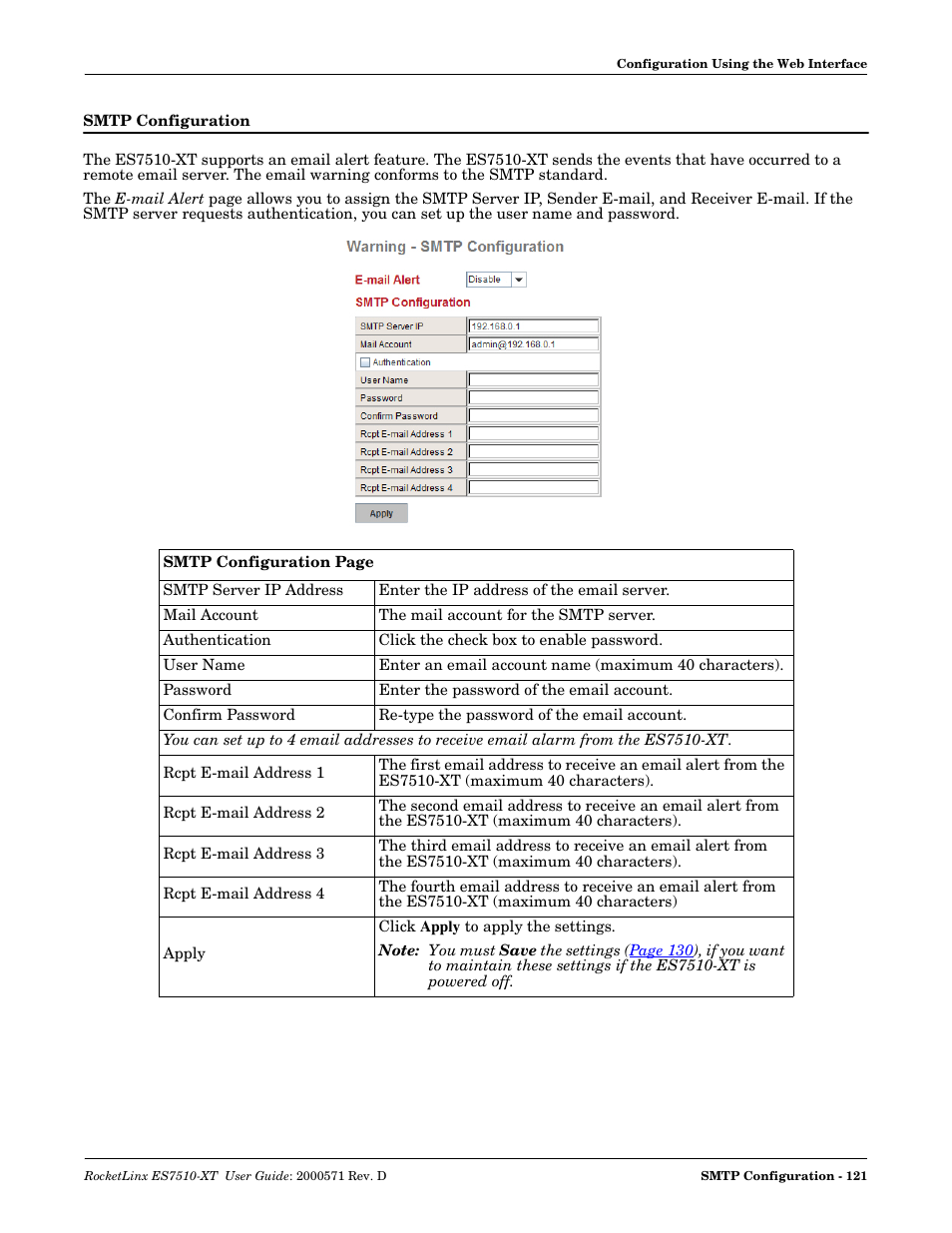 Smtp configuration | Comtrol ES7510-XT User Manual | Page 121 / 215