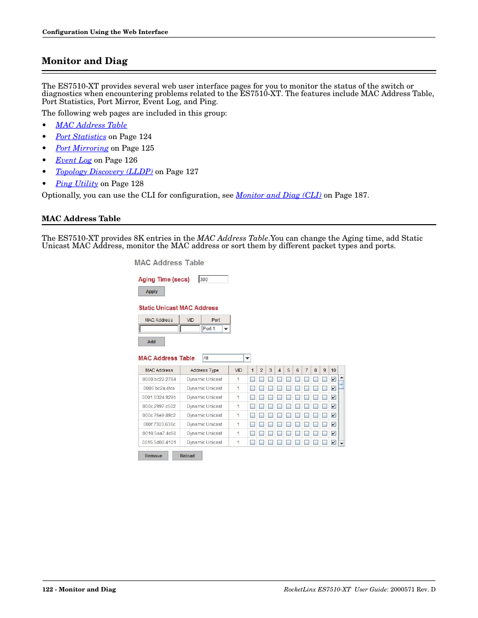 Monitor and diag, Mac address table | Comtrol ES7510-XT User Manual | Page 122 / 215