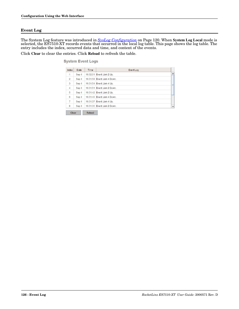 Event log | Comtrol ES7510-XT User Manual | Page 126 / 215