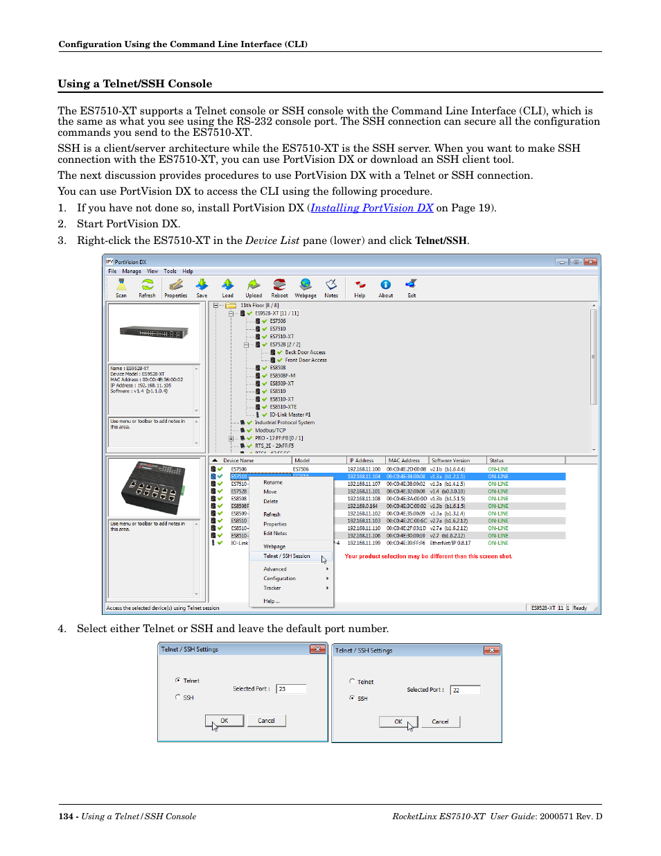 Using a telnet/ssh console | Comtrol ES7510-XT User Manual | Page 134 / 215
