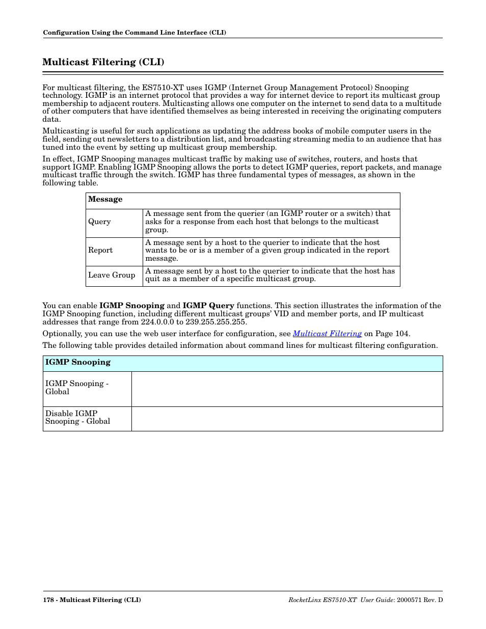 Multicast filtering (cli) | Comtrol ES7510-XT User Manual | Page 177 / 215