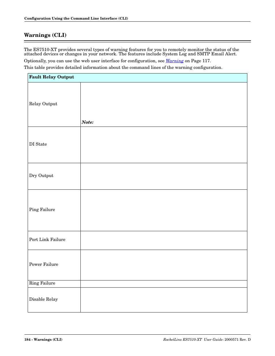 Warnings (cli) | Comtrol ES7510-XT User Manual | Page 183 / 215