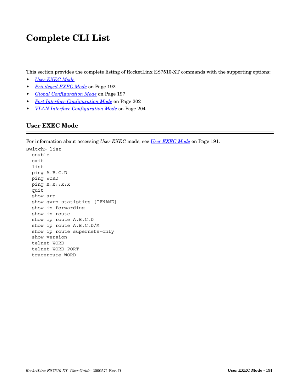 Complete cli list, User exec mode | Comtrol ES7510-XT User Manual | Page 190 / 215