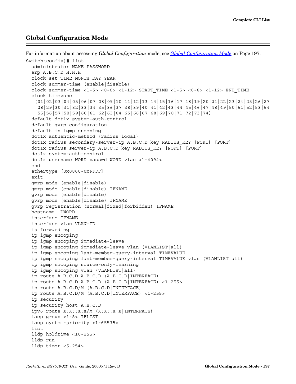 Global configuration mode | Comtrol ES7510-XT User Manual | Page 196 / 215