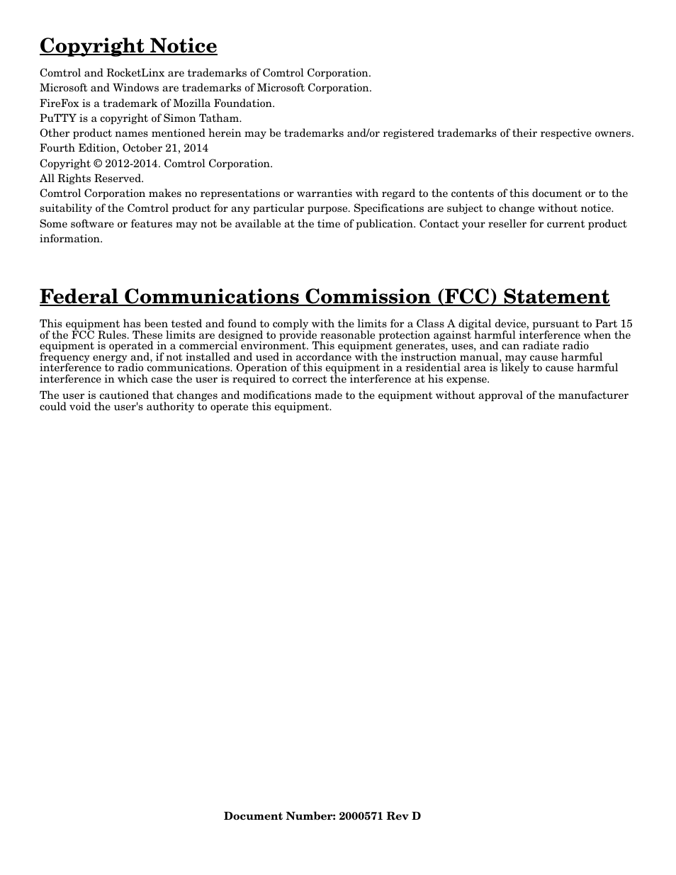 Copyright notice, Federal communications commission (fcc) statement | Comtrol ES7510-XT User Manual | Page 2 / 215