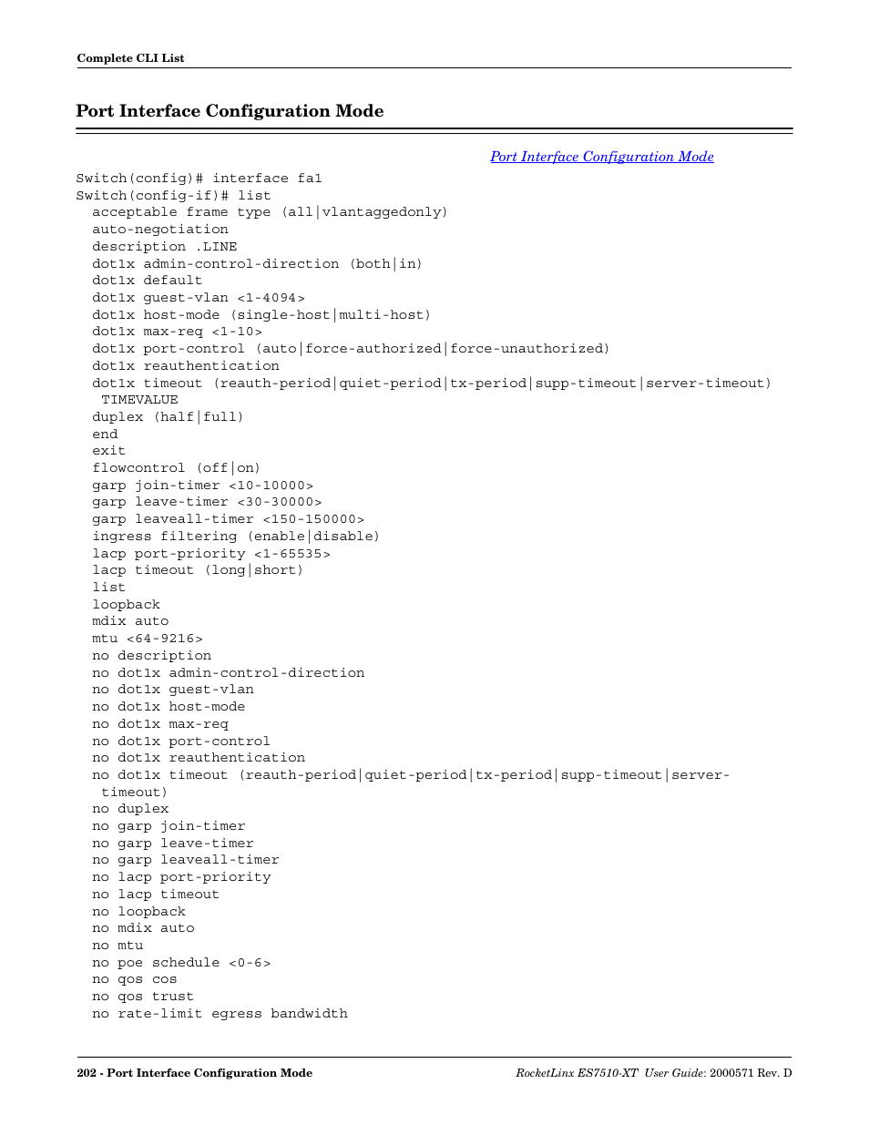 Port interface configuration mode | Comtrol ES7510-XT User Manual | Page 201 / 215