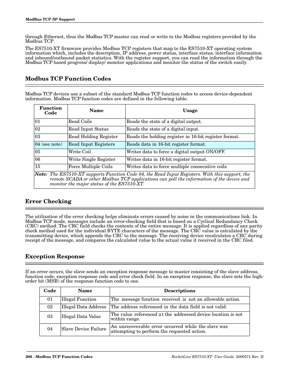 Modbus tcp function codes, Error checking, Exception response | Comtrol ES7510-XT User Manual | Page 205 / 215