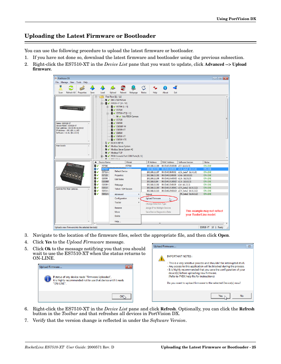 Uploading the latest firmware or bootloader, To the es7510-xt | Comtrol ES7510-XT User Manual | Page 25 / 215