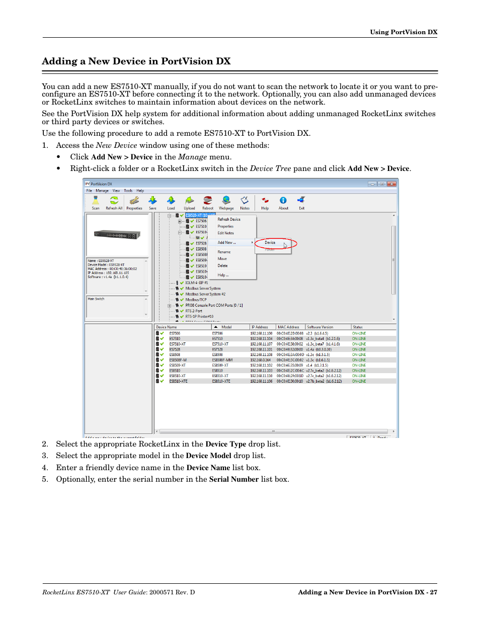 Adding a new device in portvision dx | Comtrol ES7510-XT User Manual | Page 27 / 215