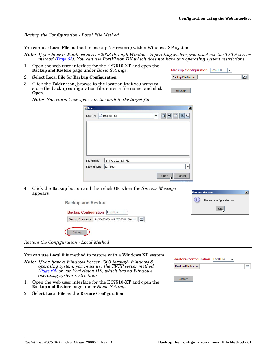 Backup the configuration - local file method, Restore the configuration - local method, Restore the | Configuration - local method | Comtrol ES7510-XT User Manual | Page 61 / 215