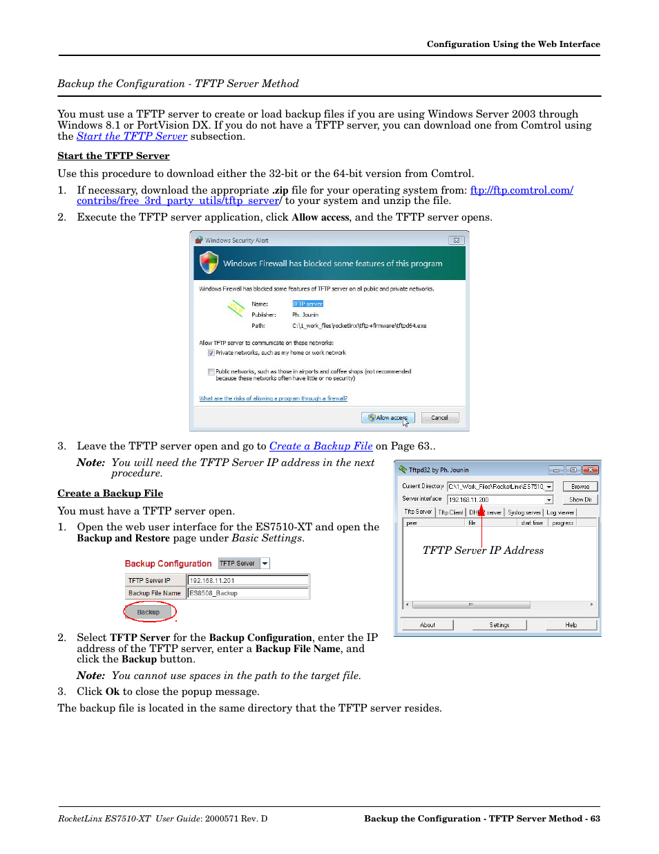 Backup the configuration - tftp server method, Backup the configuration, Tftp server method | Backup the, Configuration - tftp server method | Comtrol ES7510-XT User Manual | Page 63 / 215