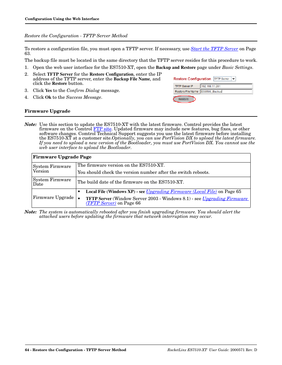 Restore the configuration - tftp server method, Firmware upgrade, Restore the configuration - tftp server | Method | Comtrol ES7510-XT User Manual | Page 64 / 215