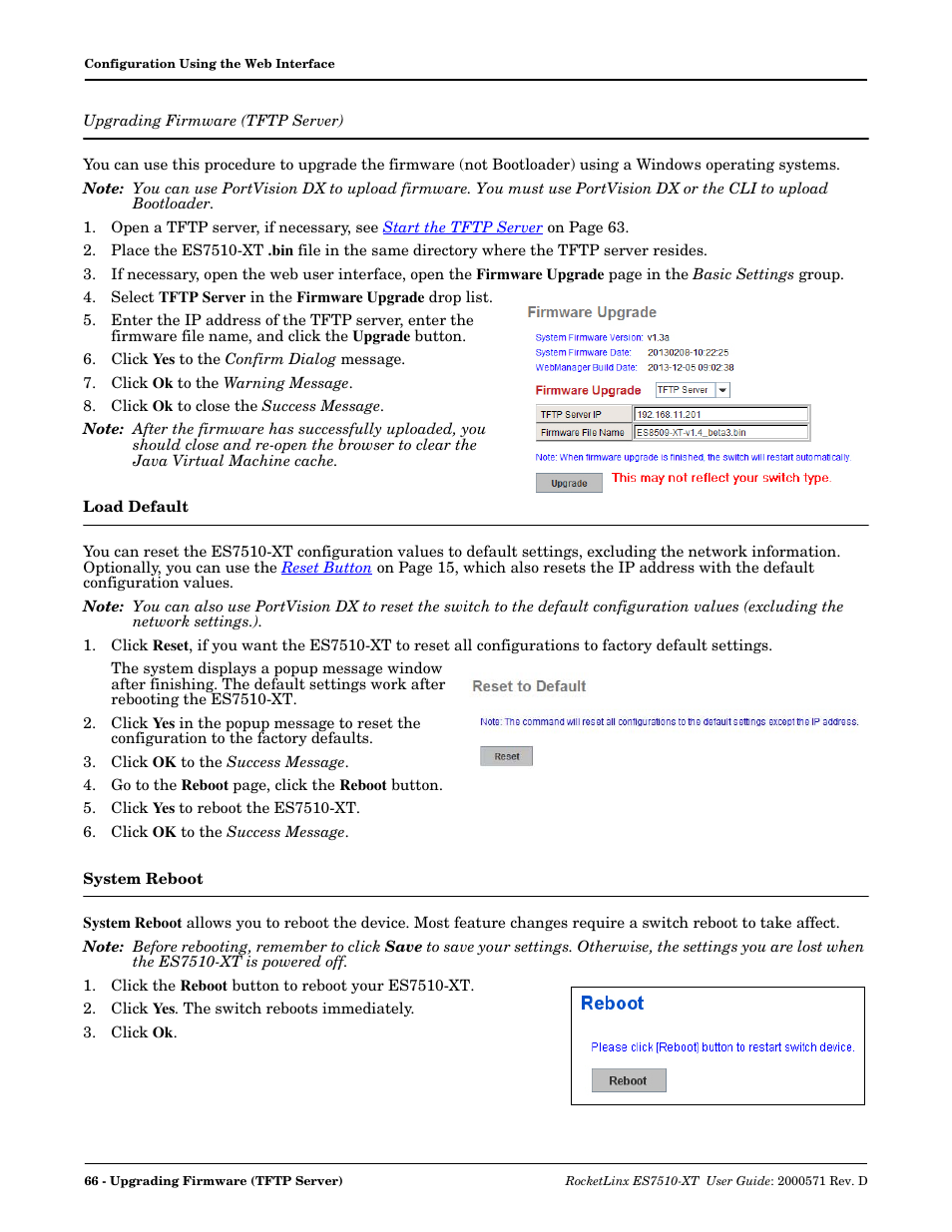 Upgrading firmware (tftp server), Load default, System reboot | Load default system reboot, Upgrading firmware, Tftp server) | Comtrol ES7510-XT User Manual | Page 66 / 215