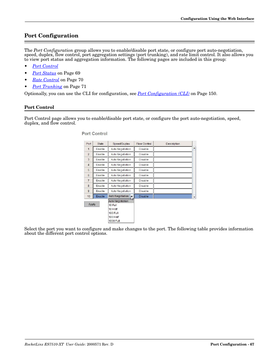 Port configuration, Port control | Comtrol ES7510-XT User Manual | Page 67 / 215