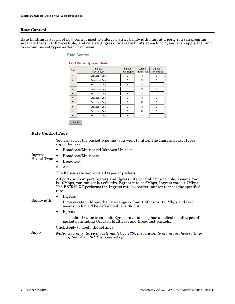 Rate control | Comtrol ES7510-XT User Manual | Page 70 / 215