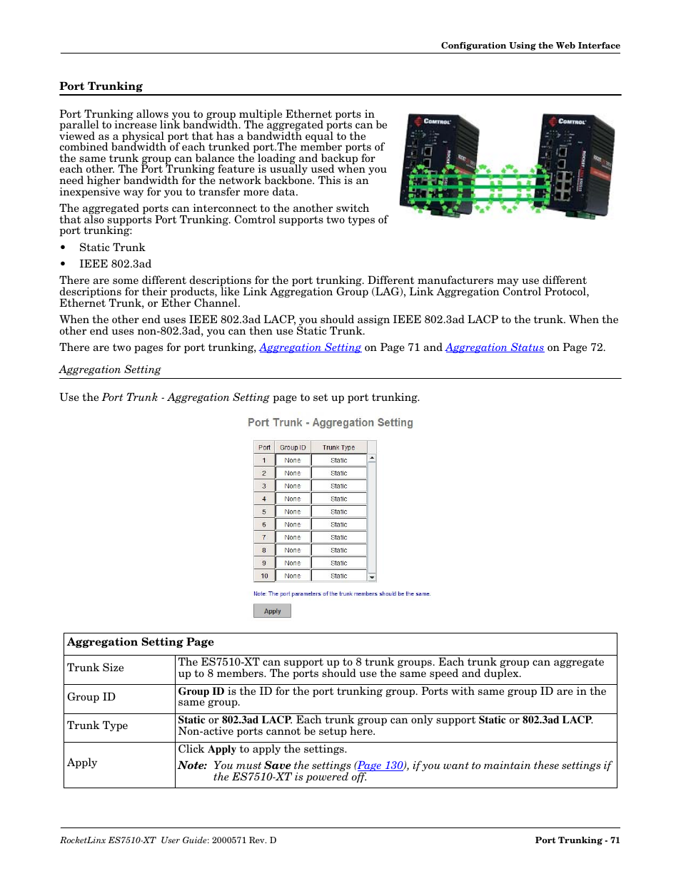 Port trunking, Aggregation setting | Comtrol ES7510-XT User Manual | Page 71 / 215