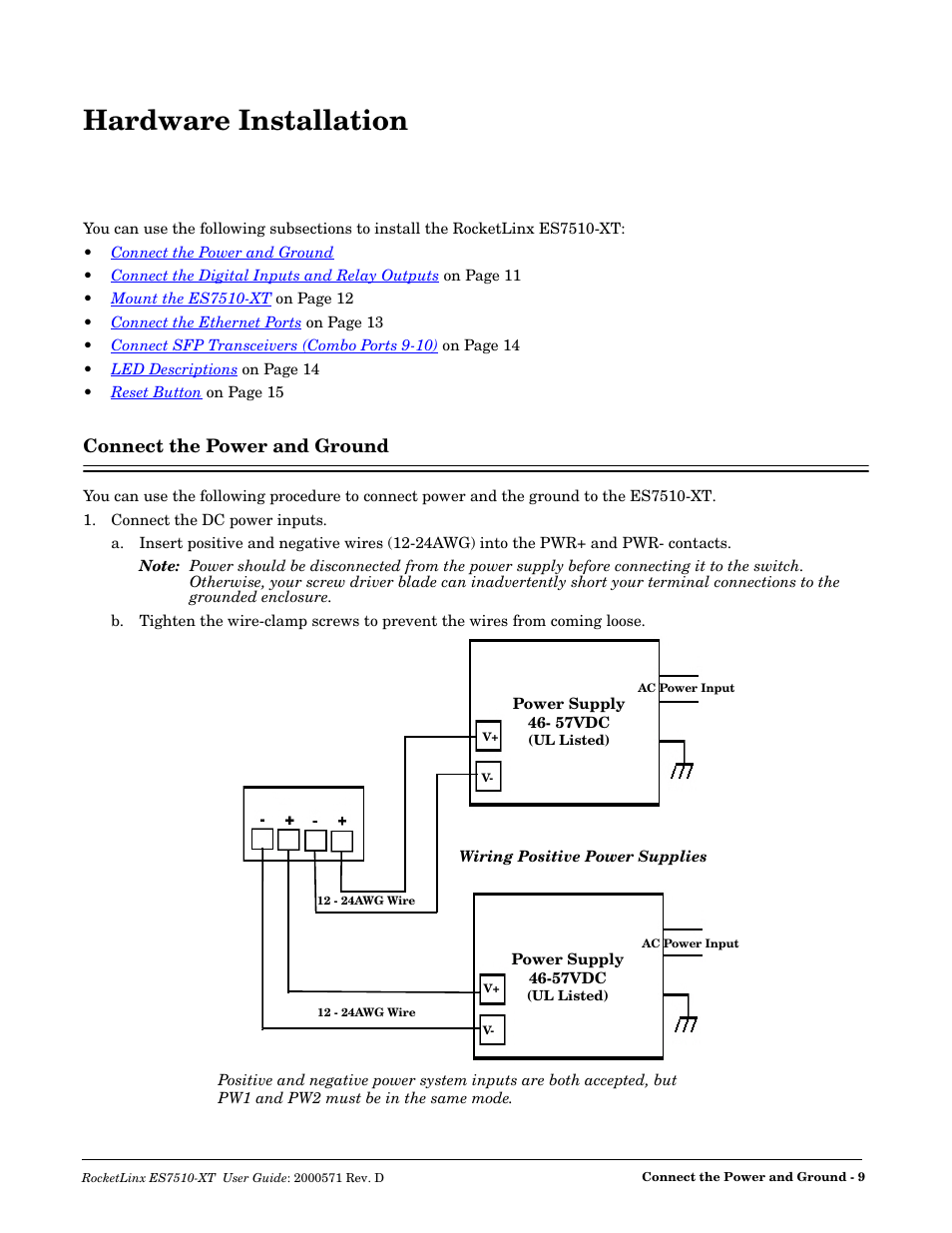 Hardware installation, Connect the power and ground | Comtrol ES7510-XT User Manual | Page 9 / 215