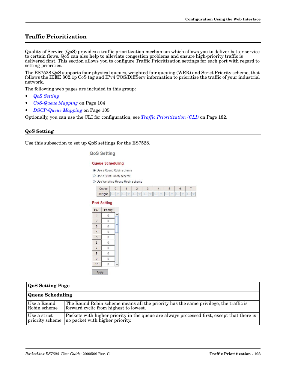 Traffic prioritization, Qos setting | Comtrol ES7528 User Manual | Page 103 / 224