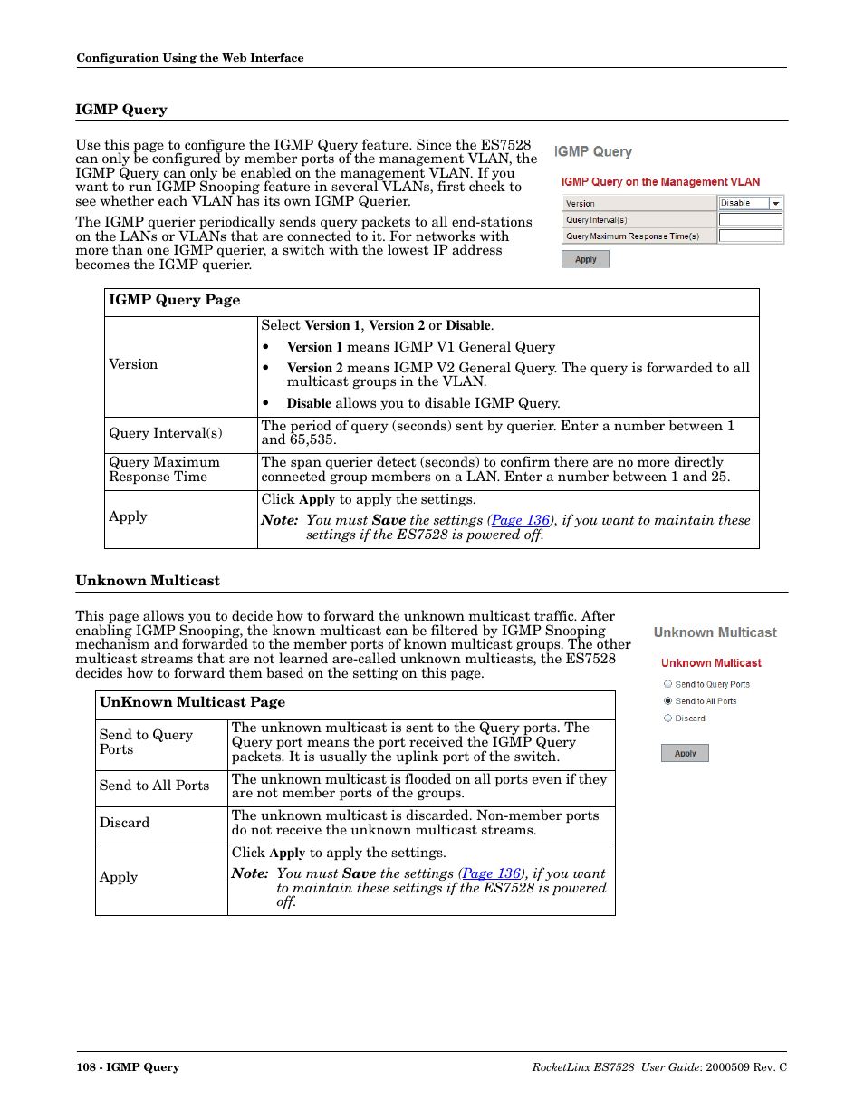 Igmp query, Unknown multicast, Igmp query unknown multicast | Comtrol ES7528 User Manual | Page 108 / 224