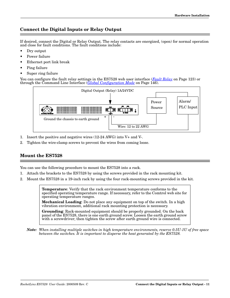 Connect the digital inputs or relay output, Mount the es7528 | Comtrol ES7528 User Manual | Page 11 / 224