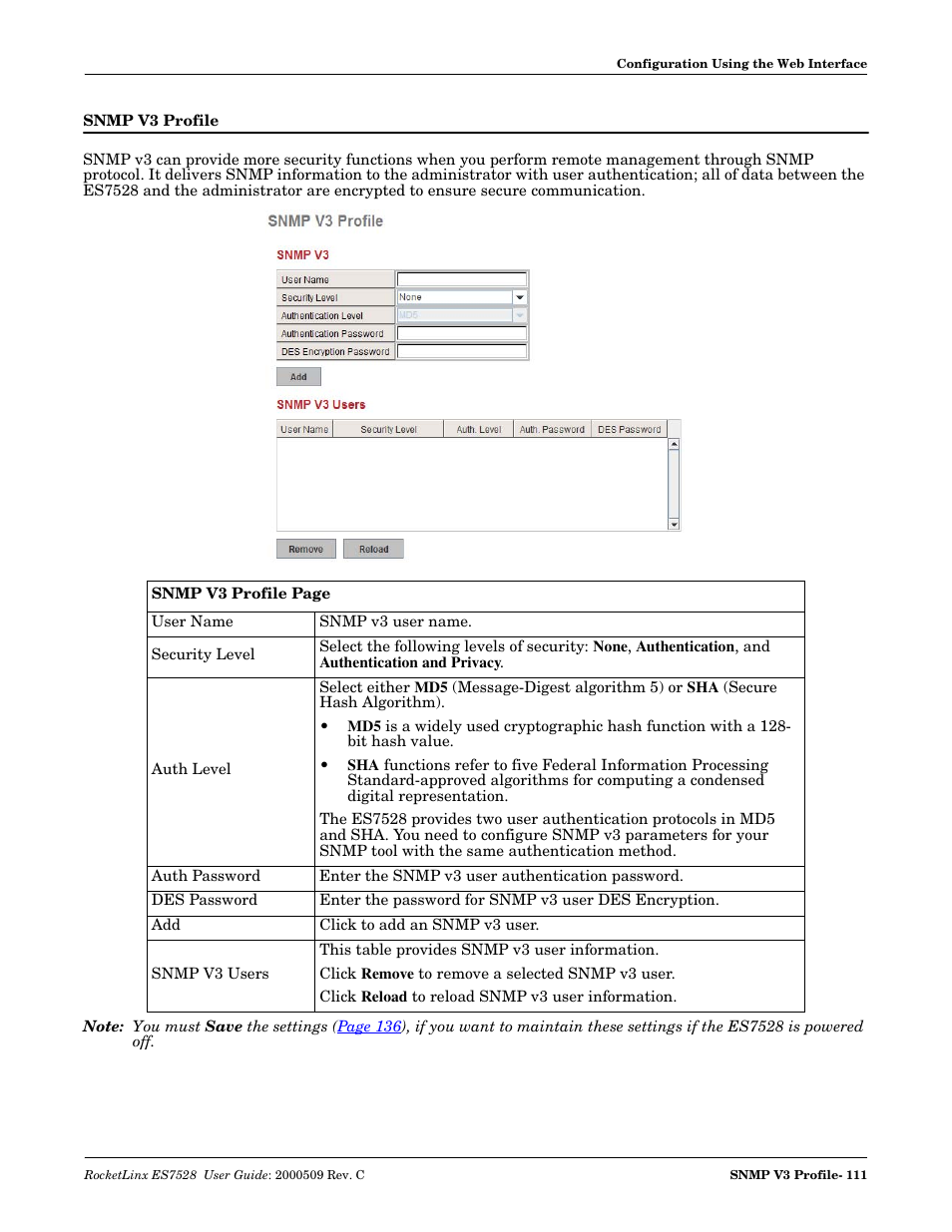 Snmp v3 profile | Comtrol ES7528 User Manual | Page 111 / 224