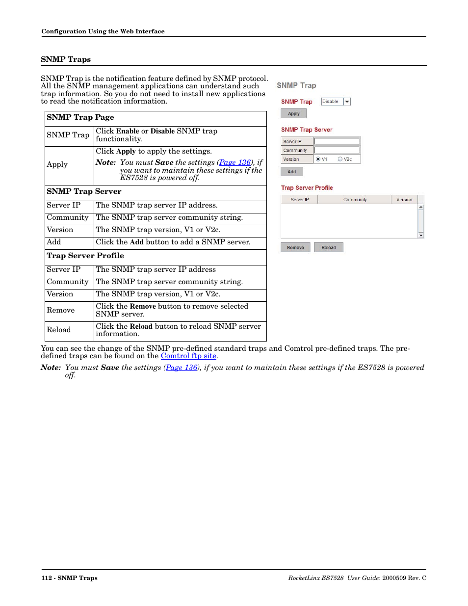 Snmp traps | Comtrol ES7528 User Manual | Page 112 / 224