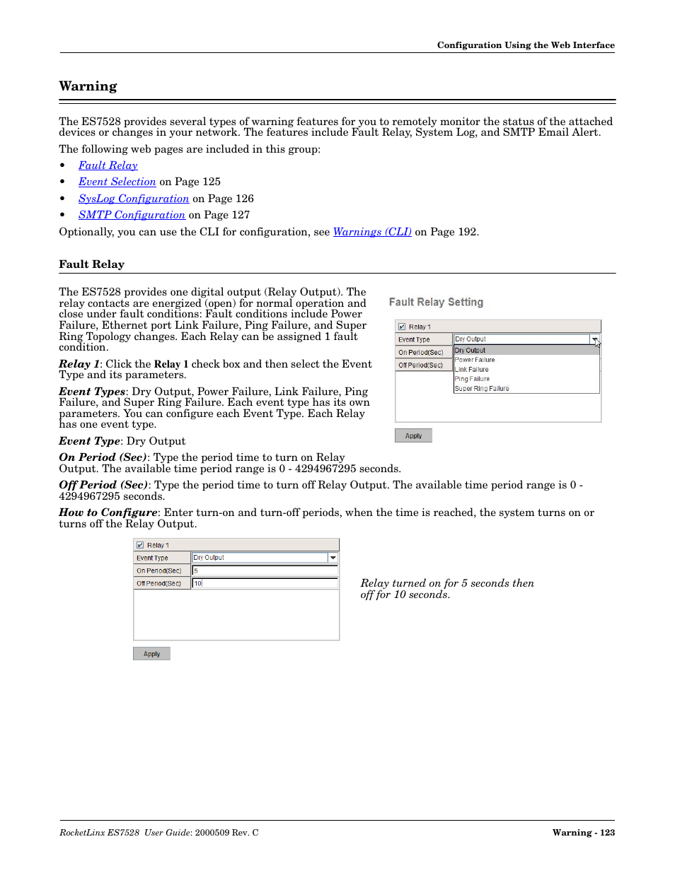 Warning, Fault relay | Comtrol ES7528 User Manual | Page 123 / 224