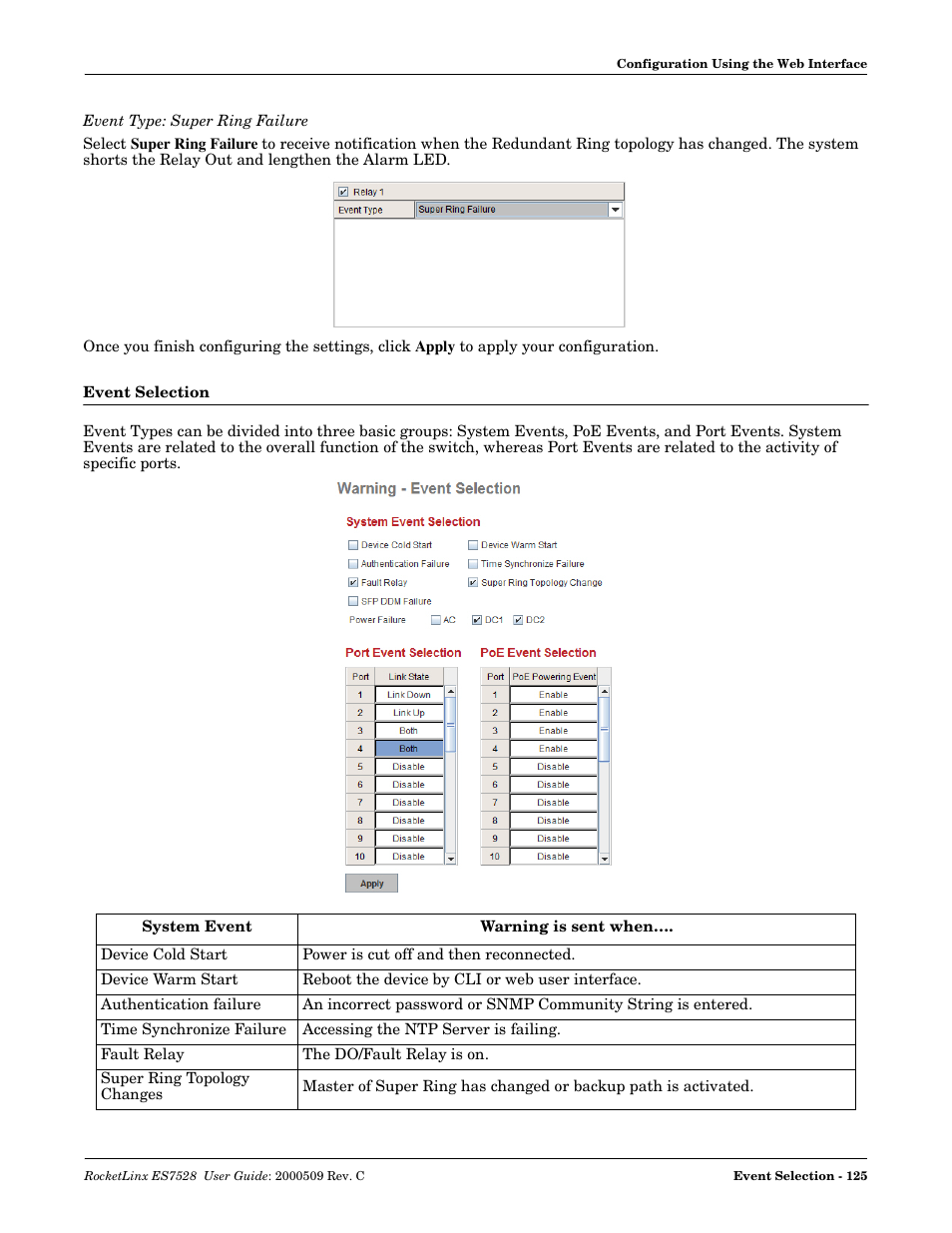Event selection | Comtrol ES7528 User Manual | Page 125 / 224