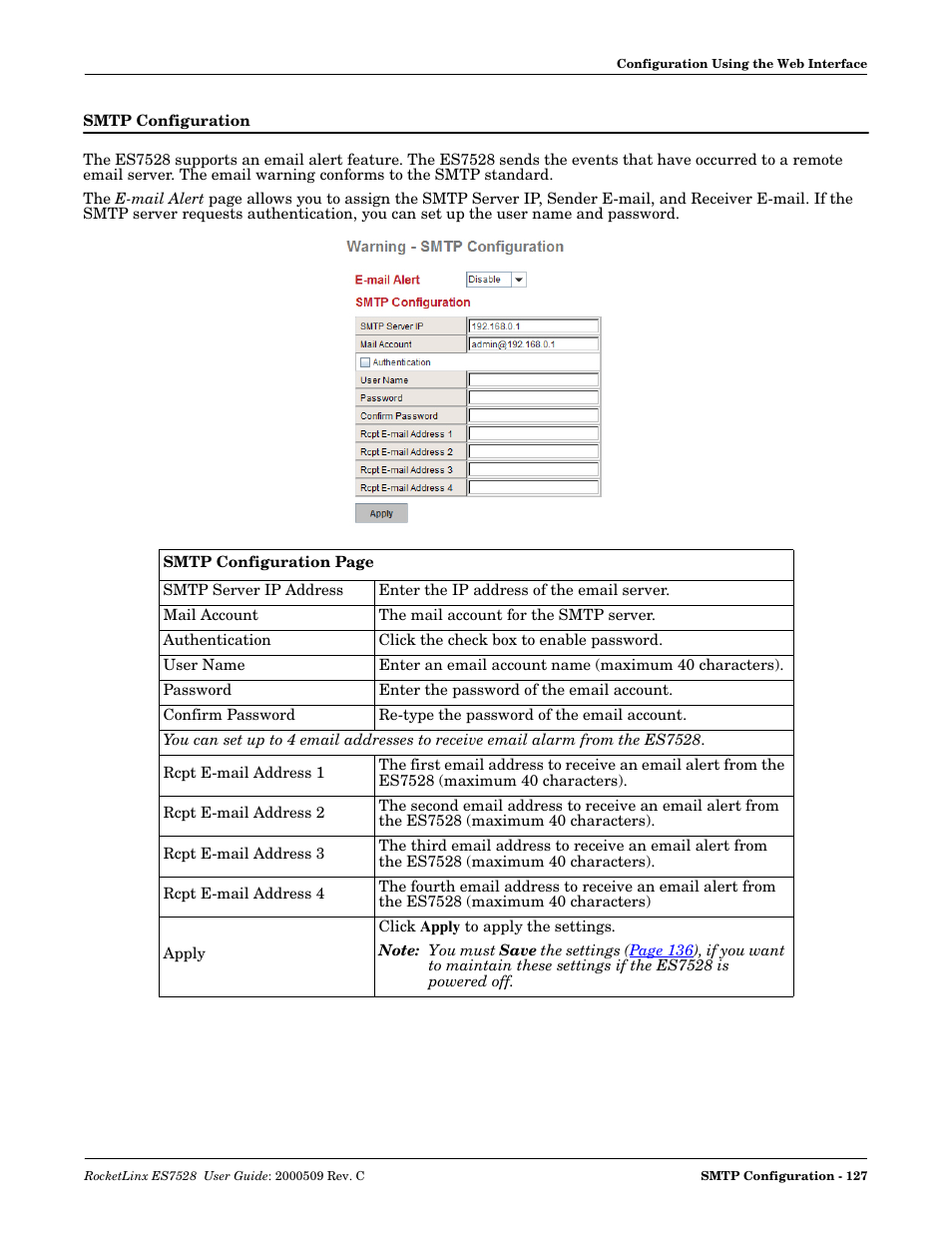 Smtp configuration | Comtrol ES7528 User Manual | Page 127 / 224