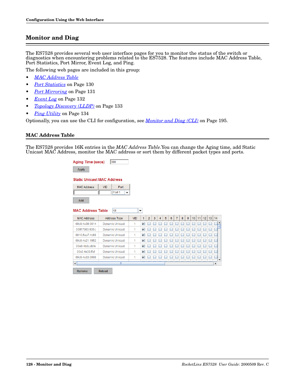 Monitor and diag, Mac address table | Comtrol ES7528 User Manual | Page 128 / 224