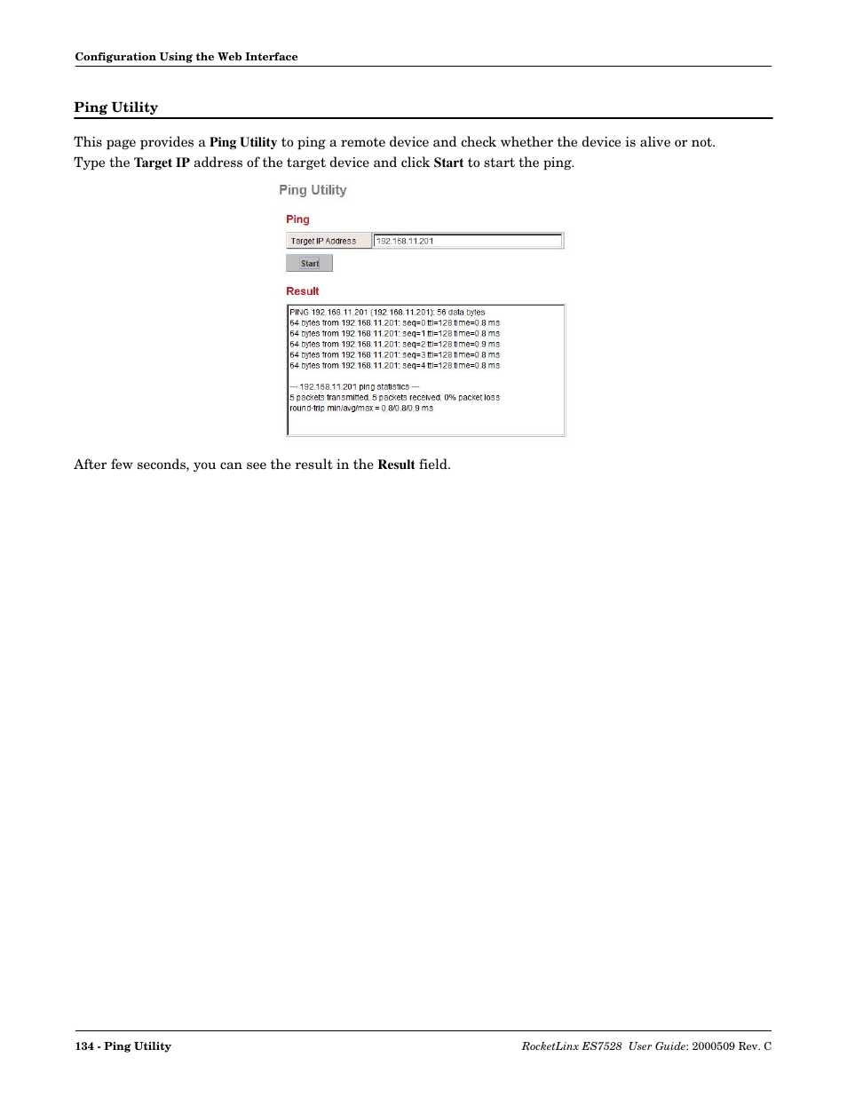 Ping utility | Comtrol ES7528 User Manual | Page 134 / 224