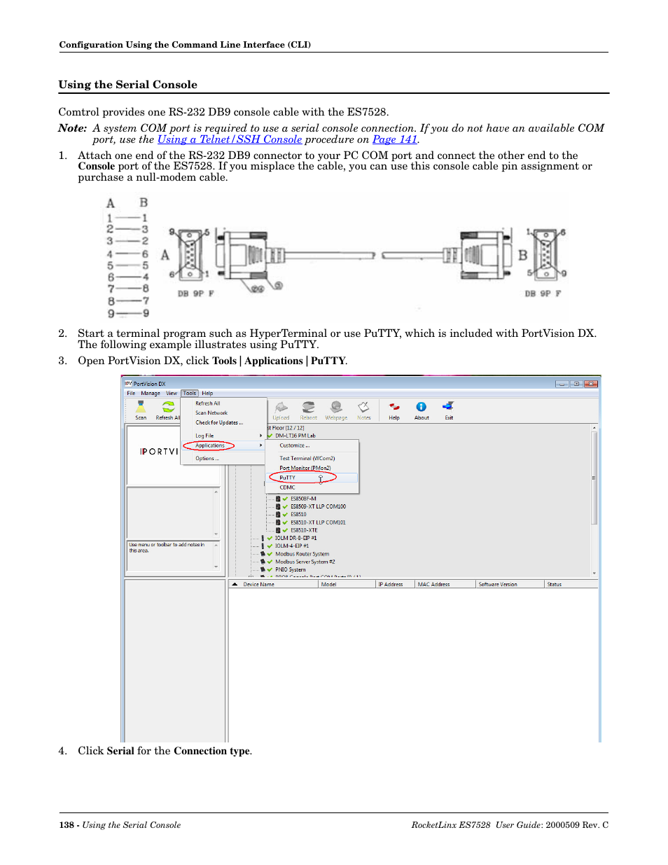 Using the serial console | Comtrol ES7528 User Manual | Page 138 / 224