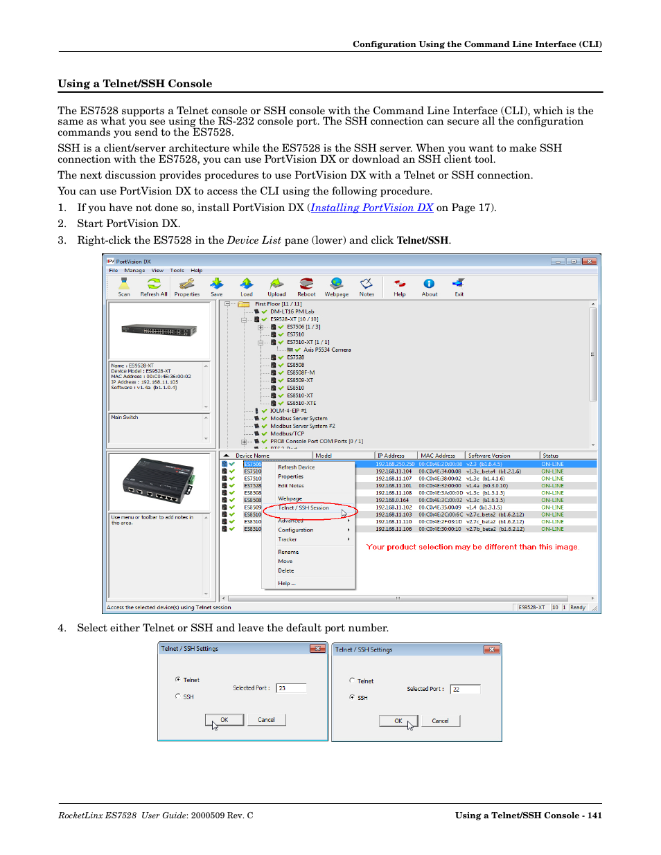 Using a telnet/ssh console | Comtrol ES7528 User Manual | Page 141 / 224