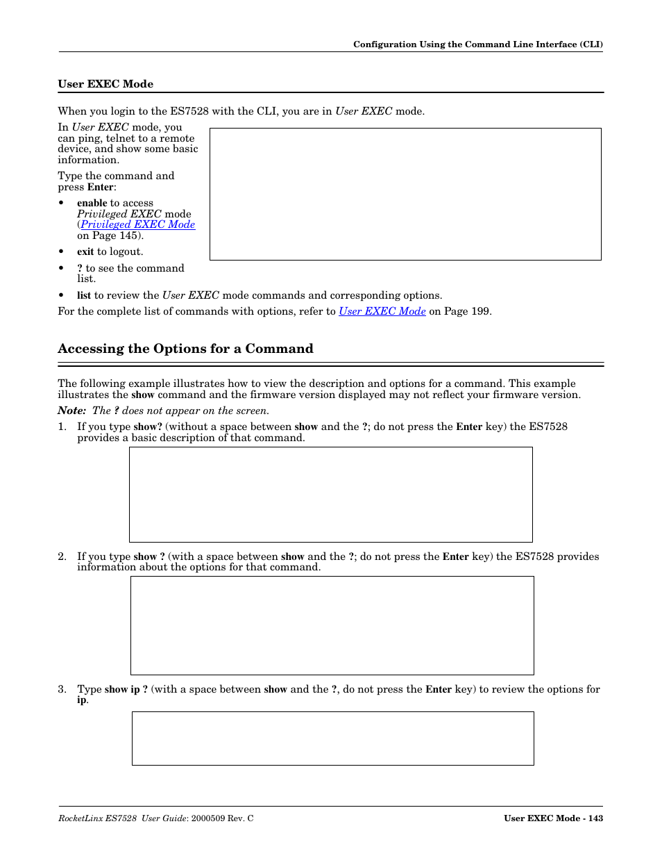 User exec mode, Accessing the options for a command | Comtrol ES7528 User Manual | Page 143 / 224