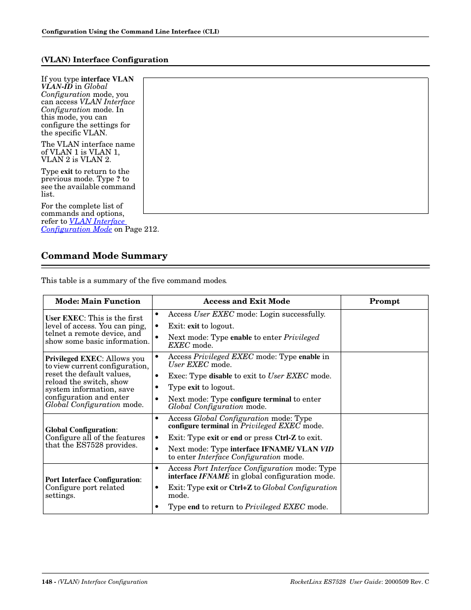 Vlan) interface configuration, Command mode summary | Comtrol ES7528 User Manual | Page 148 / 224