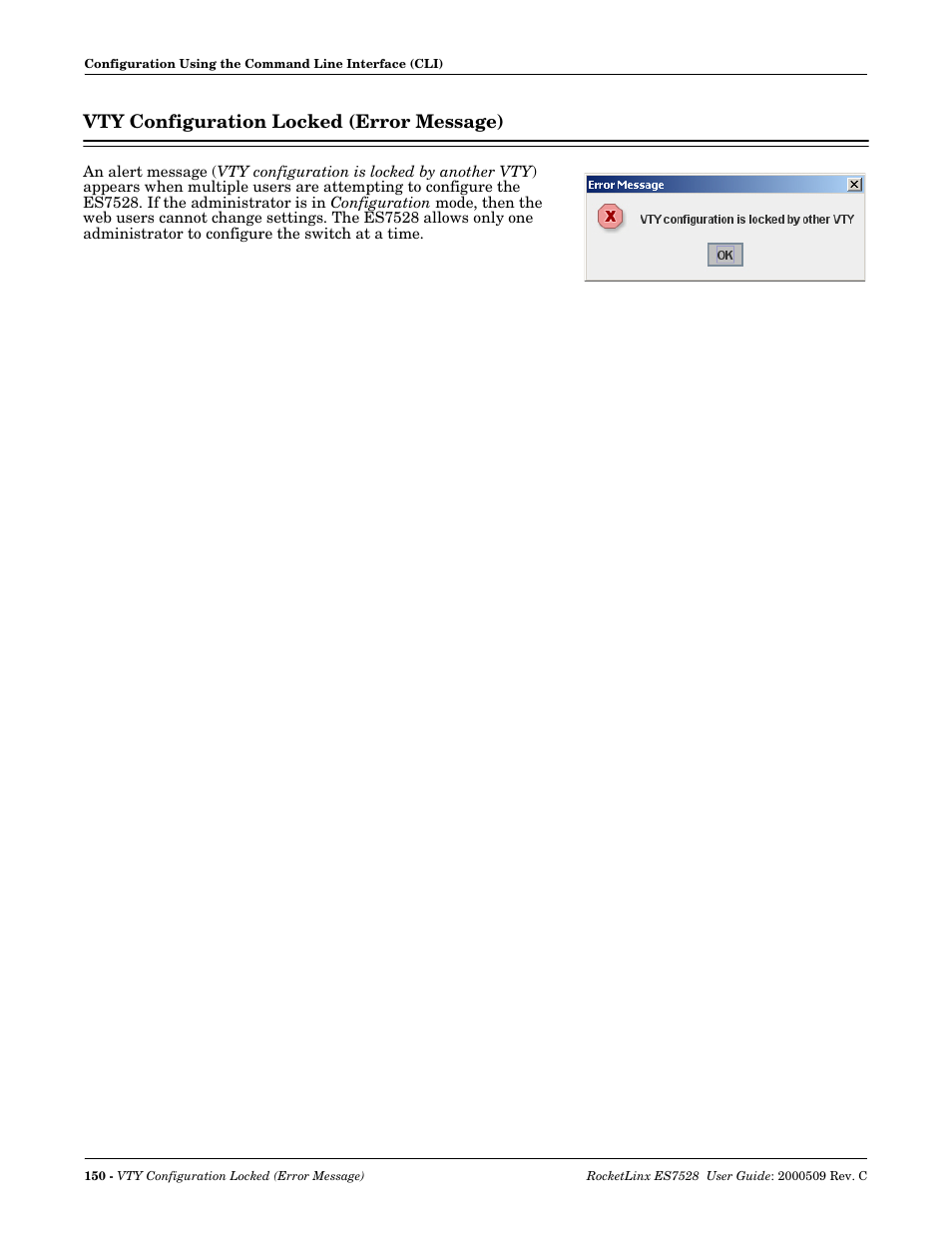 Vty configuration locked (error message) | Comtrol ES7528 User Manual | Page 150 / 224