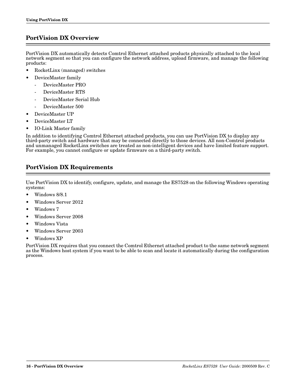 Portvision dx overview, Portvision dx requirements, Portvision dx overview portvision dx requirements | Windows | Comtrol ES7528 User Manual | Page 16 / 224