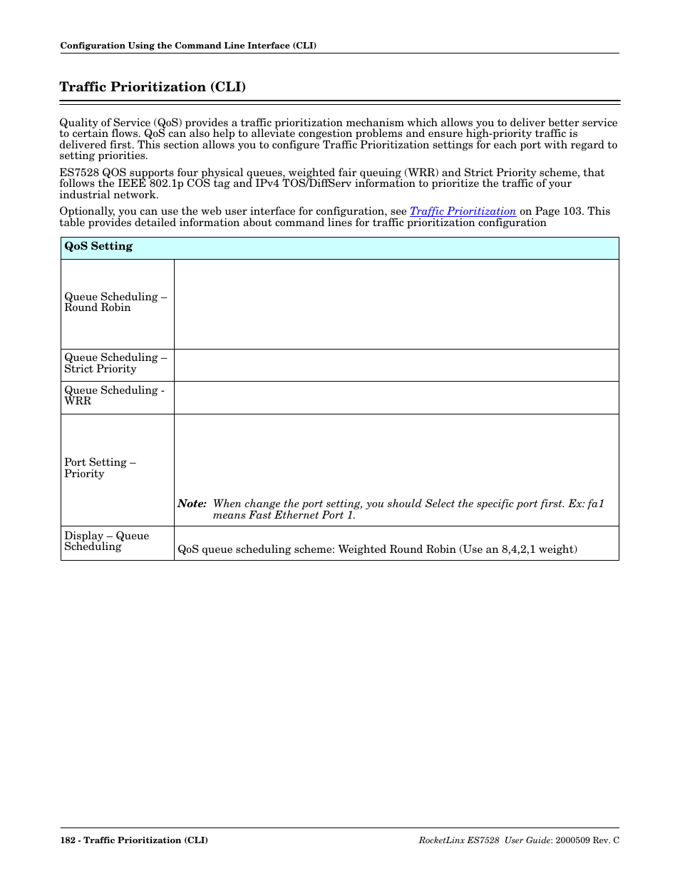 Traffic prioritization (cli) | Comtrol ES7528 User Manual | Page 182 / 224