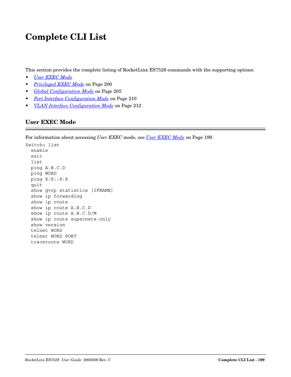 Complete cli list, User exec mode | Comtrol ES7528 User Manual | Page 199 / 224