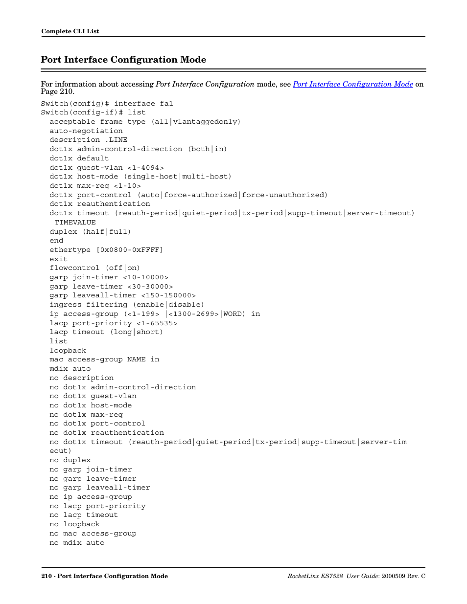 Port interface configuration mode | Comtrol ES7528 User Manual | Page 210 / 224