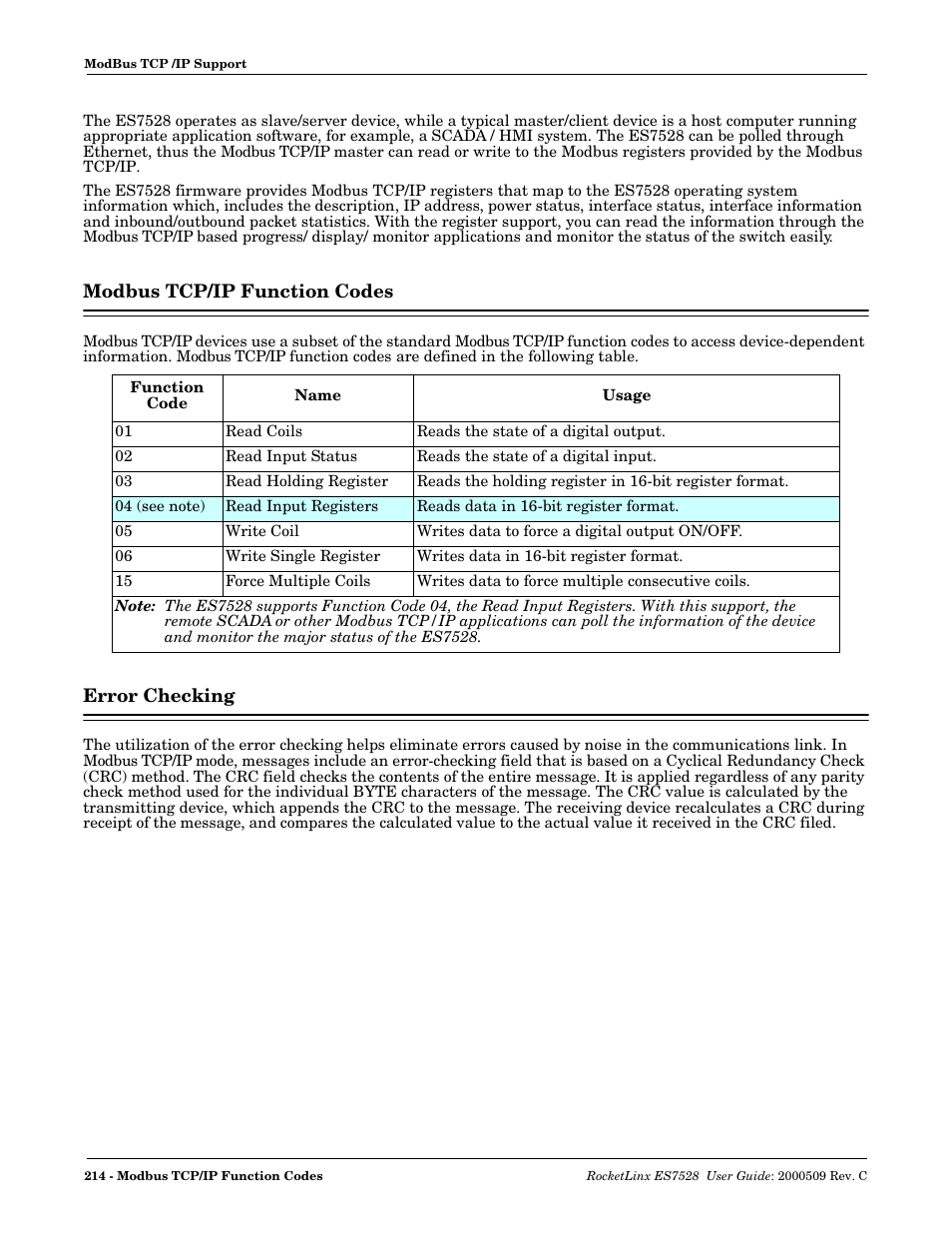 Modbus tcp/ip function codes, Error checking, Modbus tcp/ip function codes error checking | Comtrol ES7528 User Manual | Page 214 / 224
