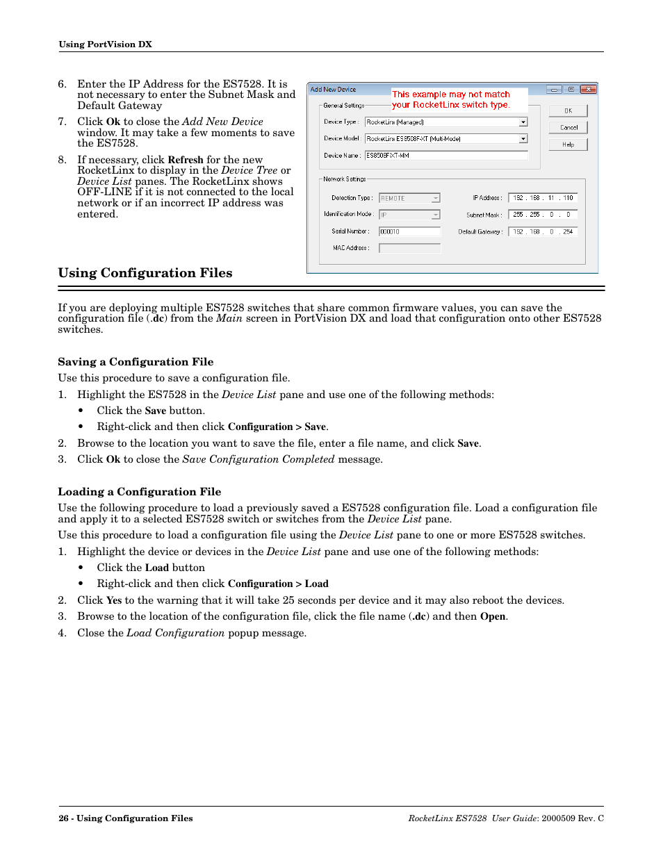 Using configuration files, Saving a configuration file, Loading a configuration file | Using configuration, Files | Comtrol ES7528 User Manual | Page 26 / 224